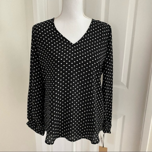 NWT Nordstrom Halogen V-neck Long Sleeve Polka Dot Black Ivory Petite Dot Blouse - Picture 6 of 11